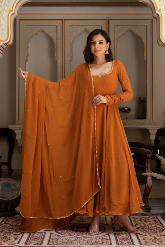 Luminous Embroidered Neck Work Anarkali Suit Set with Dupatta