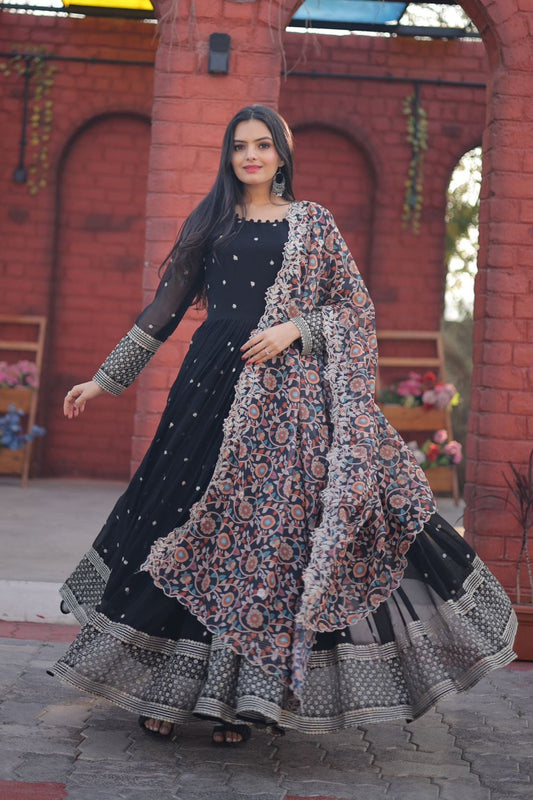 Luxury Designer Embroidery Black Color Ethnic Gown With Dupatta Set