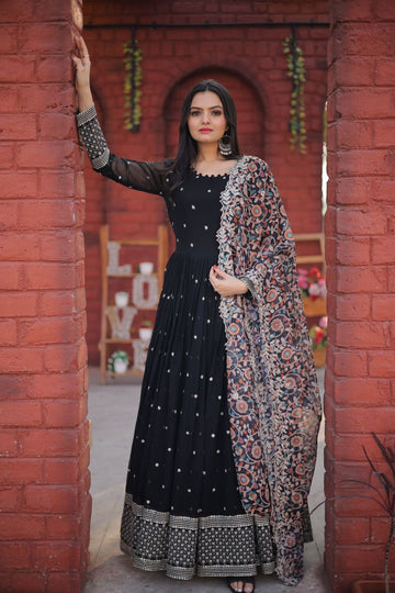 Luxury Designer Embroidery Black Color Ethnic Gown With Dupatta Set