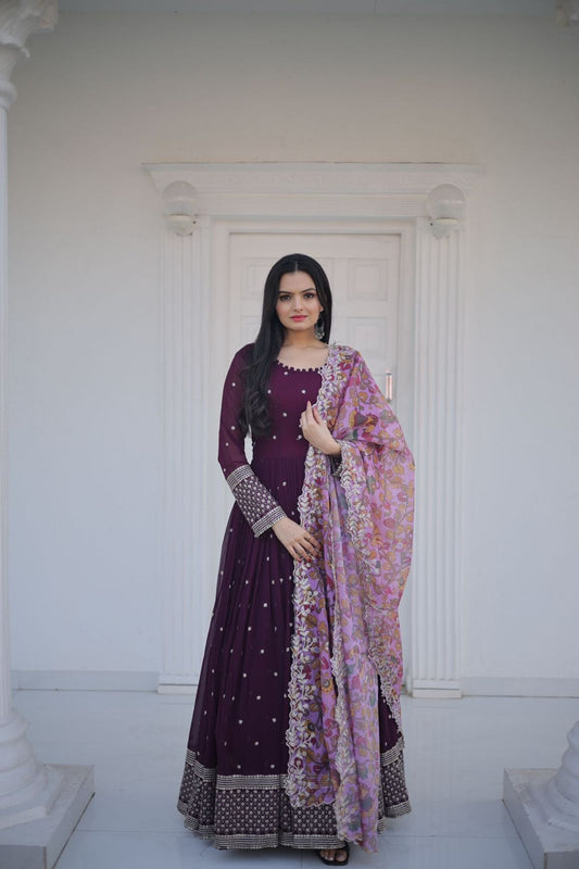 Luxury Designer Embroidery Wine Color Ethnic Gown With Dupatta Set