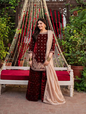 Luxury Maroon Velvet Embellished Sharara Suit for Wedding
