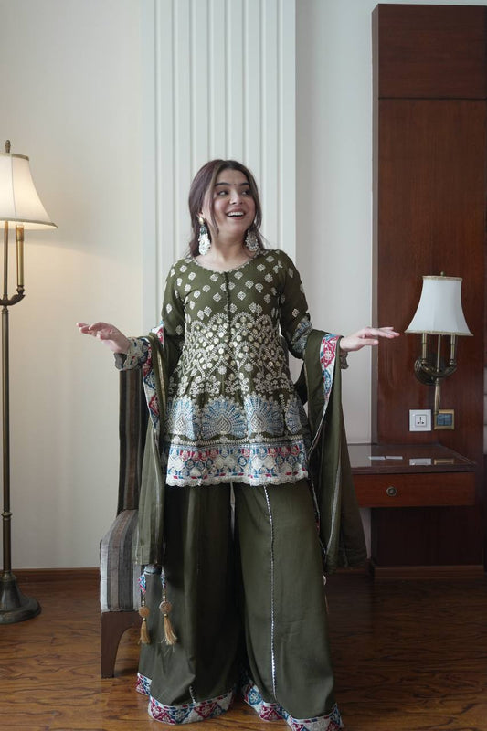 Mahendi Chinon Heavy Embroidery Sequence Work Top Kali Plazzo Set With Dupatta For Wedding