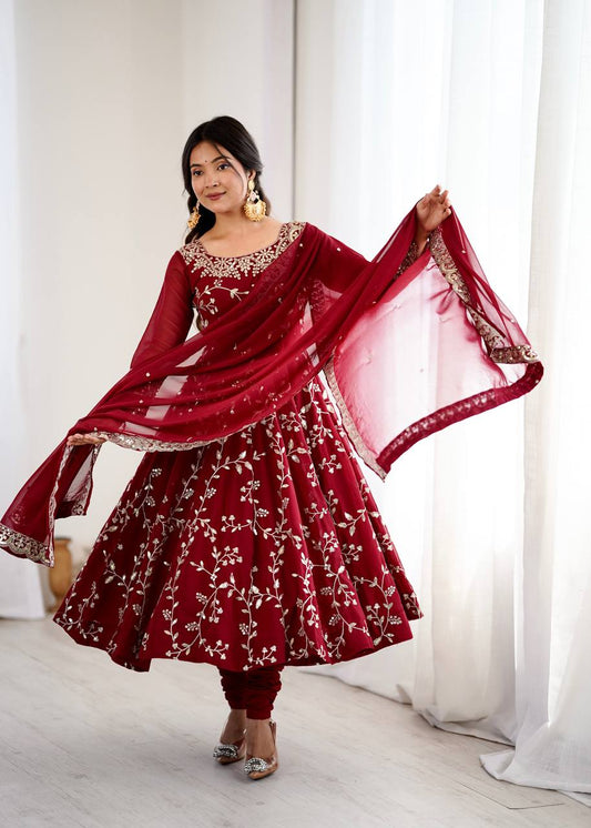 Maroon Festive Partywear Embroidered Anarkali Suit Set with Dupatta