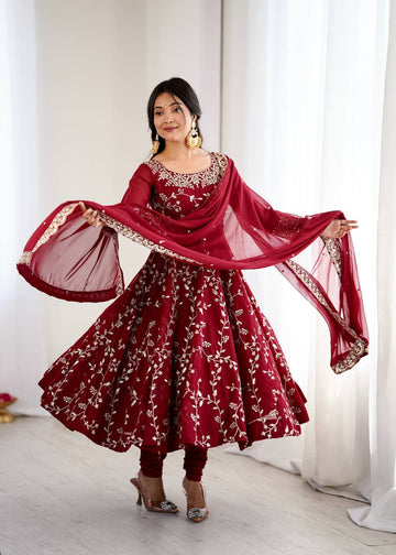 Maroon Festive Partywear Embroidered Anarkali Suit Set with Dupatta