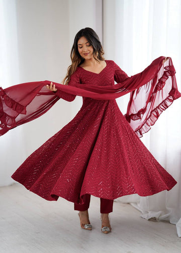 Maroon Festive Sequins Embroidered Anarkali Suit Set with Dupatta