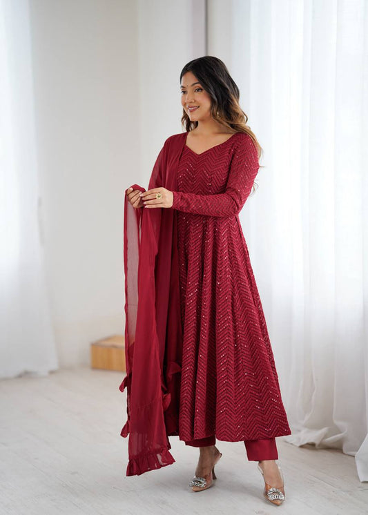 Maroon Festive Sequins Embroidered Anarkali Suit Set with Dupatta