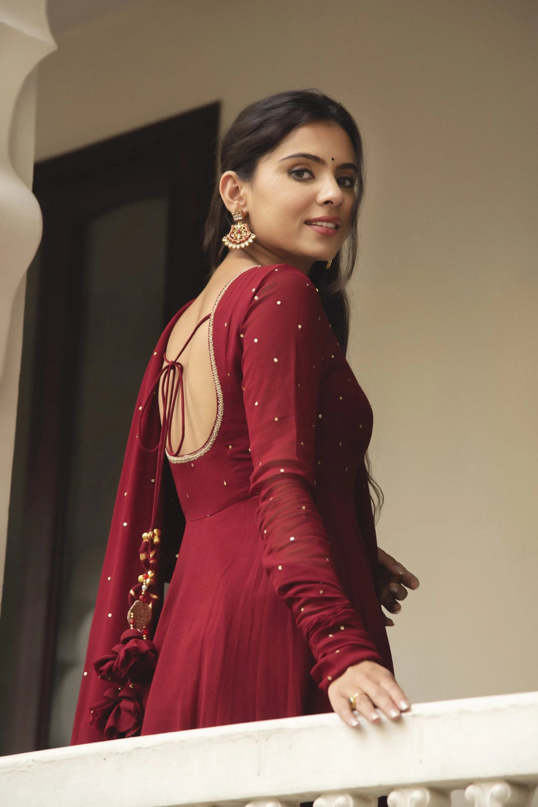 Maroon Fox Georgette Anarkali Suit Set with Pearl Border Dupatta