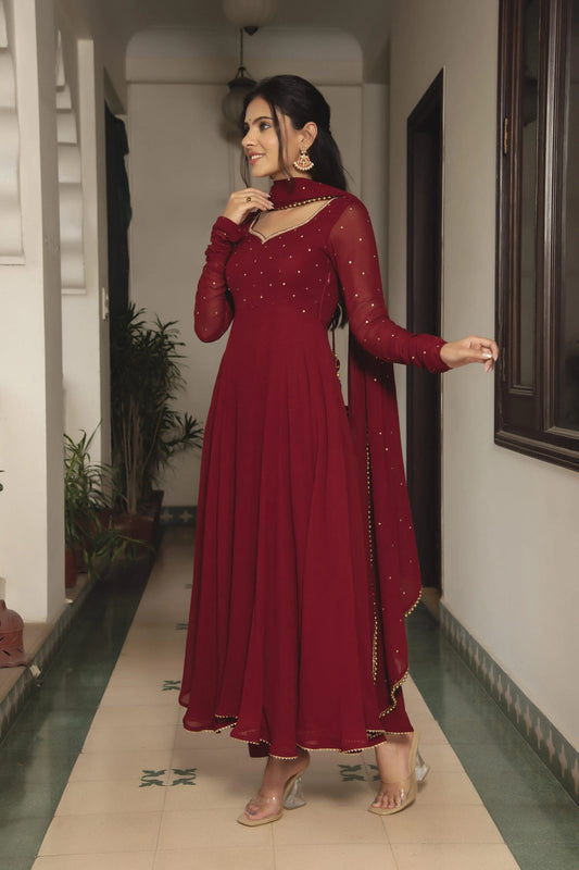 Maroon Fox Georgette Anarkali Suit Set with Pearl Border Dupatta