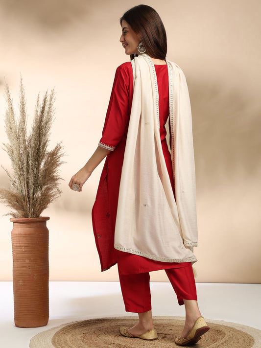 Maroon Embroidered Regular Sequinned Kurta Suit Set With Dupatta