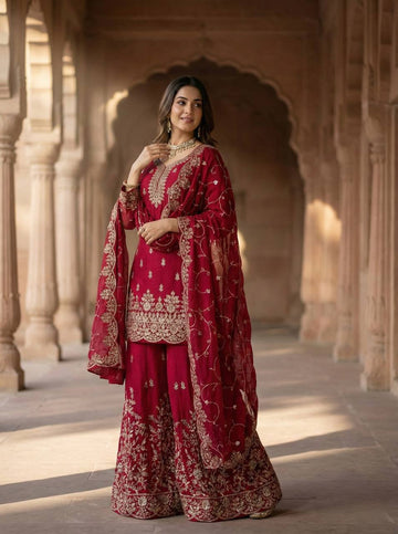 Maroon Embroidery Work Pakistani Suit Set With Heavy Dupatta For Function
