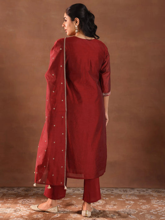 Maroon Embroidery Worked Salwar Suit Set With Dupatta