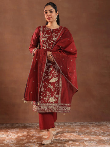 Maroon Embroidery Worked Salwar Suit Set With Dupatta