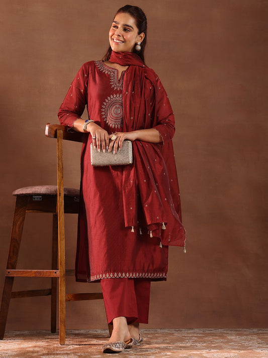 Maroon Embroidery Worked Straight Kurta Suit Set With Dupatta For Function