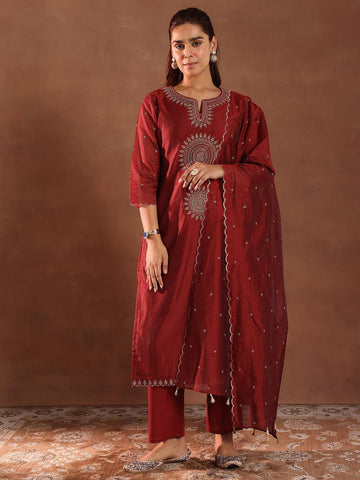 Maroon Embroidery Worked Straight Kurta Suit Set With Dupatta For Function