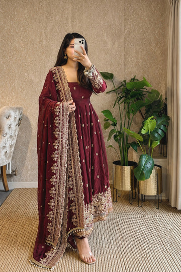 Maroon Embroidered Anarkali Suit Set for Women with Designer Dupatta