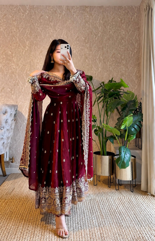 Maroon Embroidered Anarkali Suit Set for Women with Designer Dupatta
