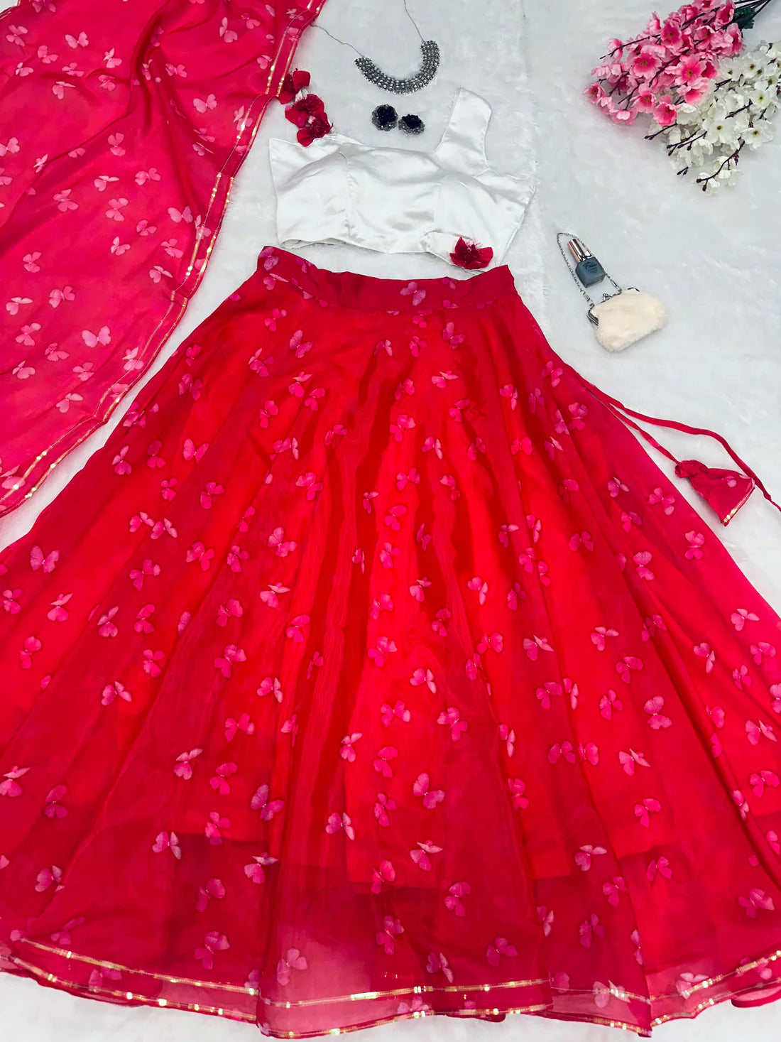 Marvelous Butterfly Print Red Color Lehenga Choli