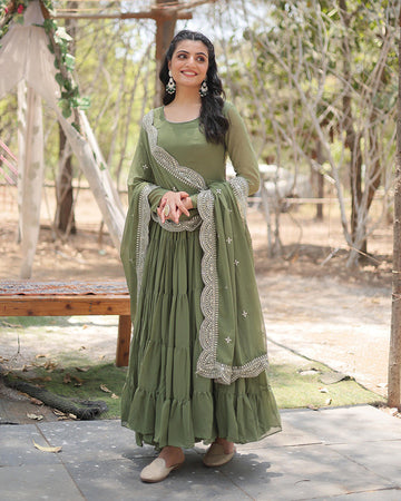 Mehndi Color Full Flared Gown with Embroidered Dupatta