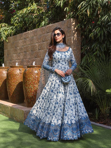 White Blue Embroidered Mehraab Muse Anarkali Suit for Women