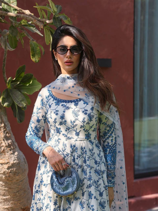 White Blue Embroidered Mehraab Muse Anarkali Suit for Women