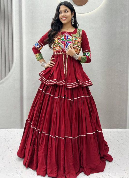 Mesmerizing Maroon Cotton Gamthi Work Lehenga Koti Set For Navratri