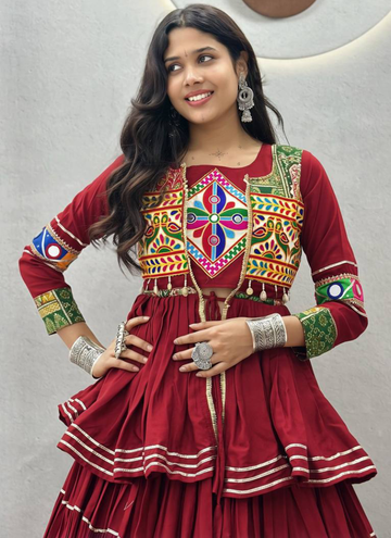 Mesmerizing Maroon Cotton Gamthi Work Lehenga Koti Set For Navratri