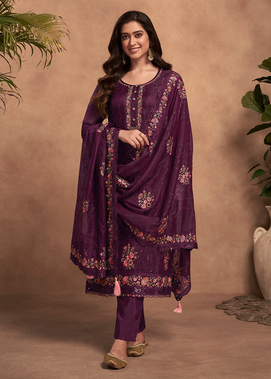 Mitten Purple Designer Embroidery Work Organza Salwar Suit with Dupatta