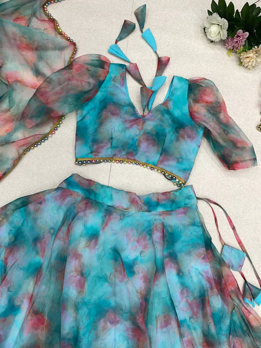 Multi-printed Sky Blue Color Organza Lehenga Choli