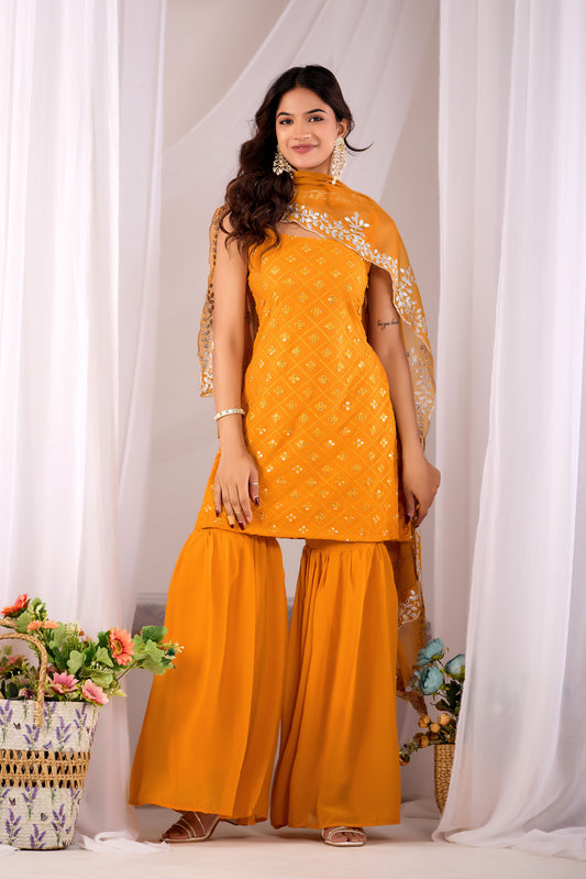 Mustard Kurta And Sharara Suit Set For Women