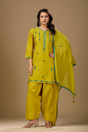 Mustard Mirror Work Kurta Set with Patiala Salwar & Dupatta