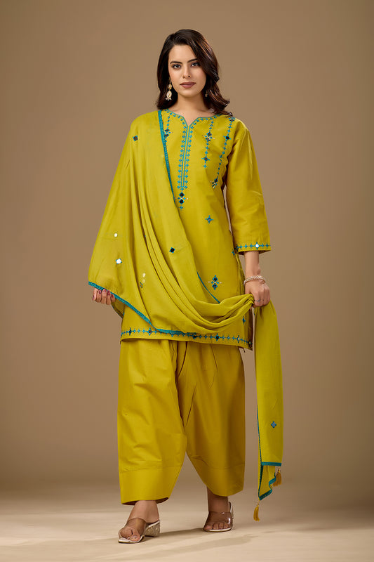 Mustard Mirror Work Cotton Kurta Set for Women with Farshi Salwar Set and Dupatta