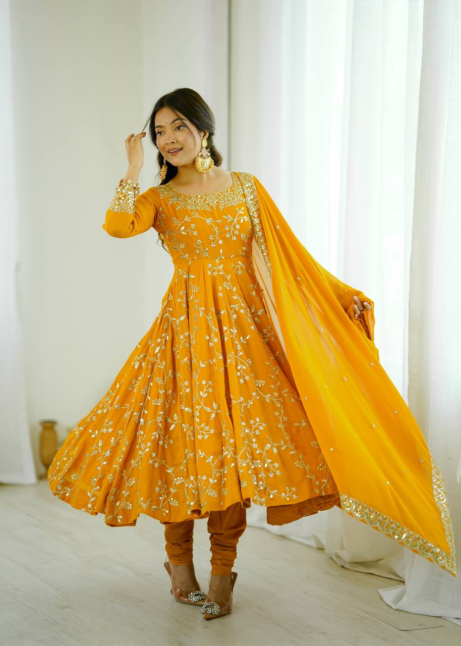 Mustard Yellow Festive Embroidered Anarkali Suit Set with Dupatta