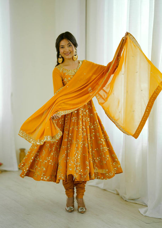 Mustard Yellow Festive Embroidered Anarkali Suit Set with Dupatta
