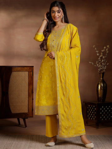 Mustard Embroidery Zari Work Design Kurta Suit Set With Dupatta