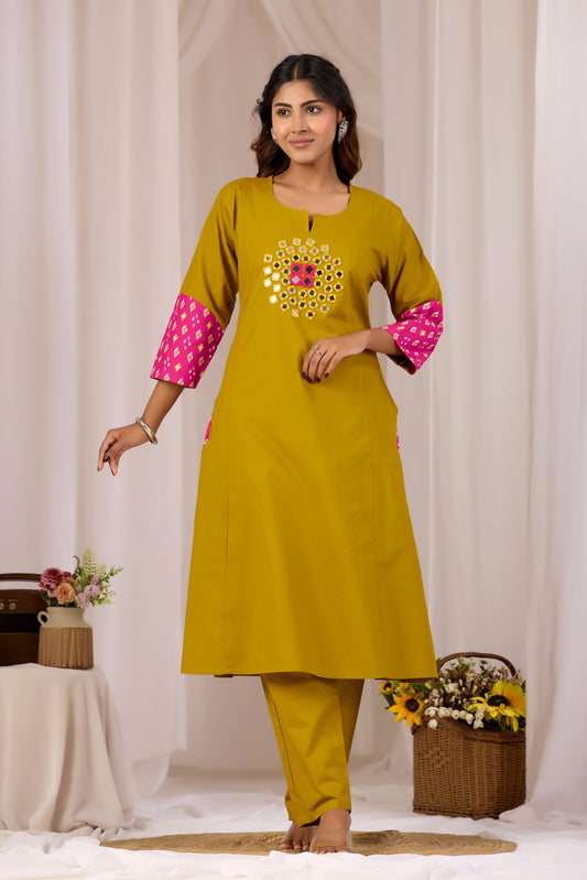 Mustard A-Line Cotton Kurta Set For Women