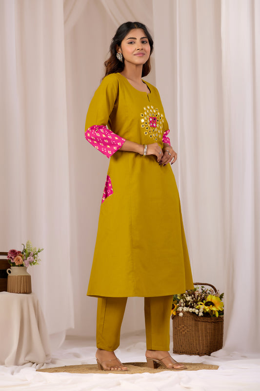 Mustard Mirror Work A-Line Cotton Kutra Pant Set For Women
