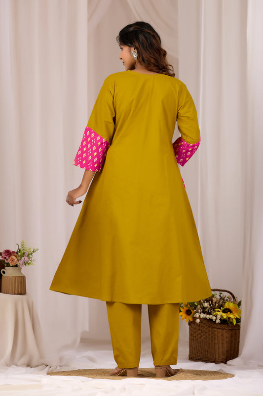 Mustard Mirror Work A-Line Cotton Kutra Pant Set For Women