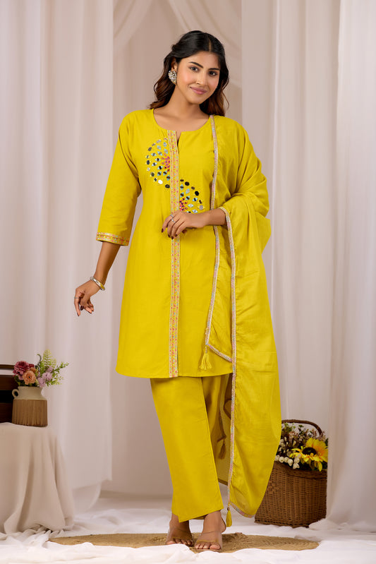 Mustard A-Line Cotton Kurta Set With Dupatta For Women