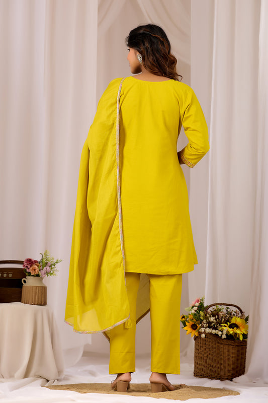 Mustard Mirror Work A-Line Cotton Kurta Set With Dupatta For Women