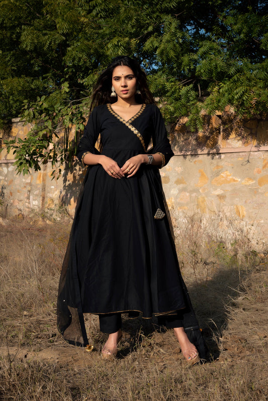 Mystic Black Angarkha Type Anarkali Suit Set with Dupatta