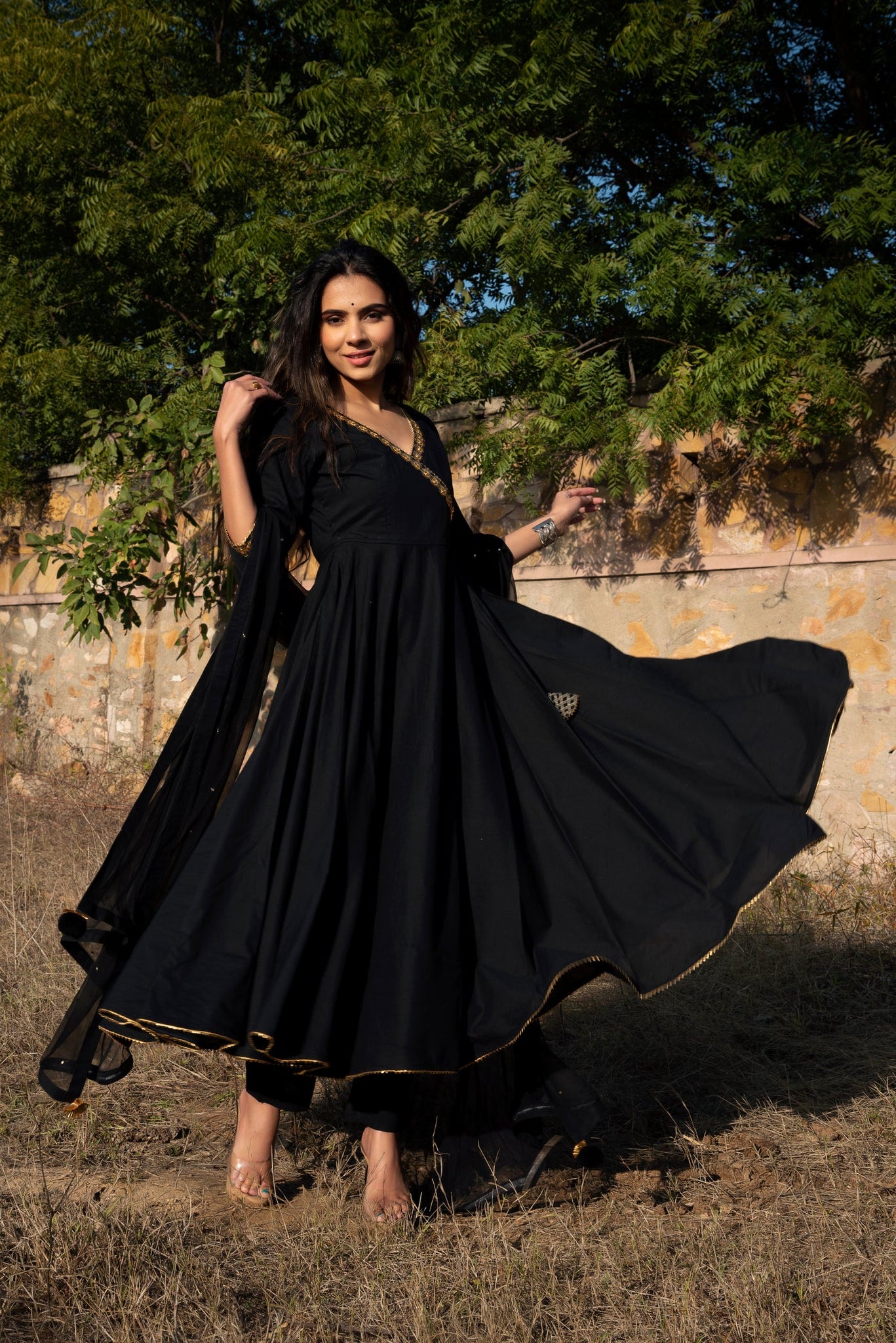 Mystic Black Angarkha Type Anarkali Suit Set with Dupatta
