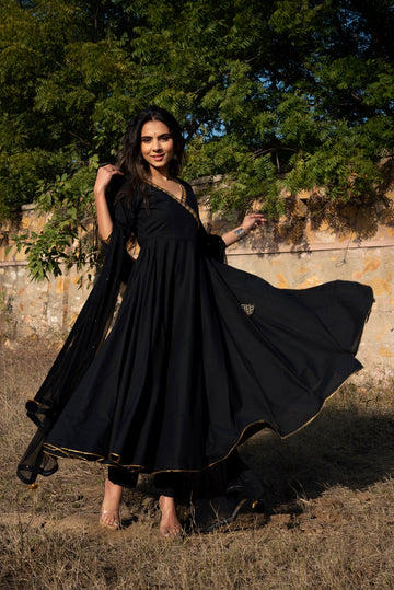 Mystic Black Angarkha Type Anarkali Suit Set with Dupatta