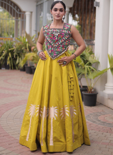 Navratri Wear Coconut Gota Work Mustard Yellow Roman Lehenga Choli