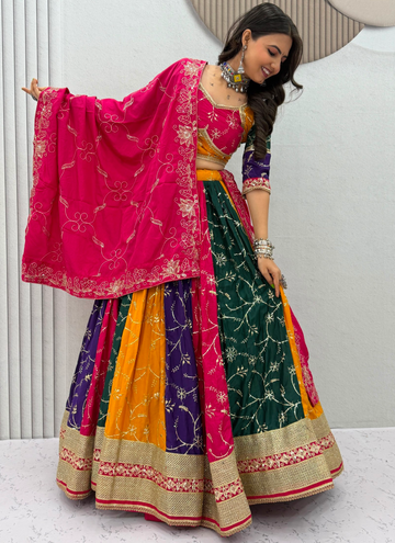Navratri Wear Multi Colour Embroidery Sequence Work Silk Lehenga Choli