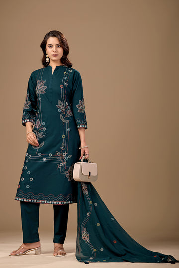Navy Blue Embroidered Straight Kurta Set With Dupatta For Women