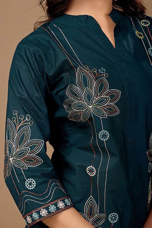Navy Blue Embroidered Straight Kurta Set With Dupatta For Women