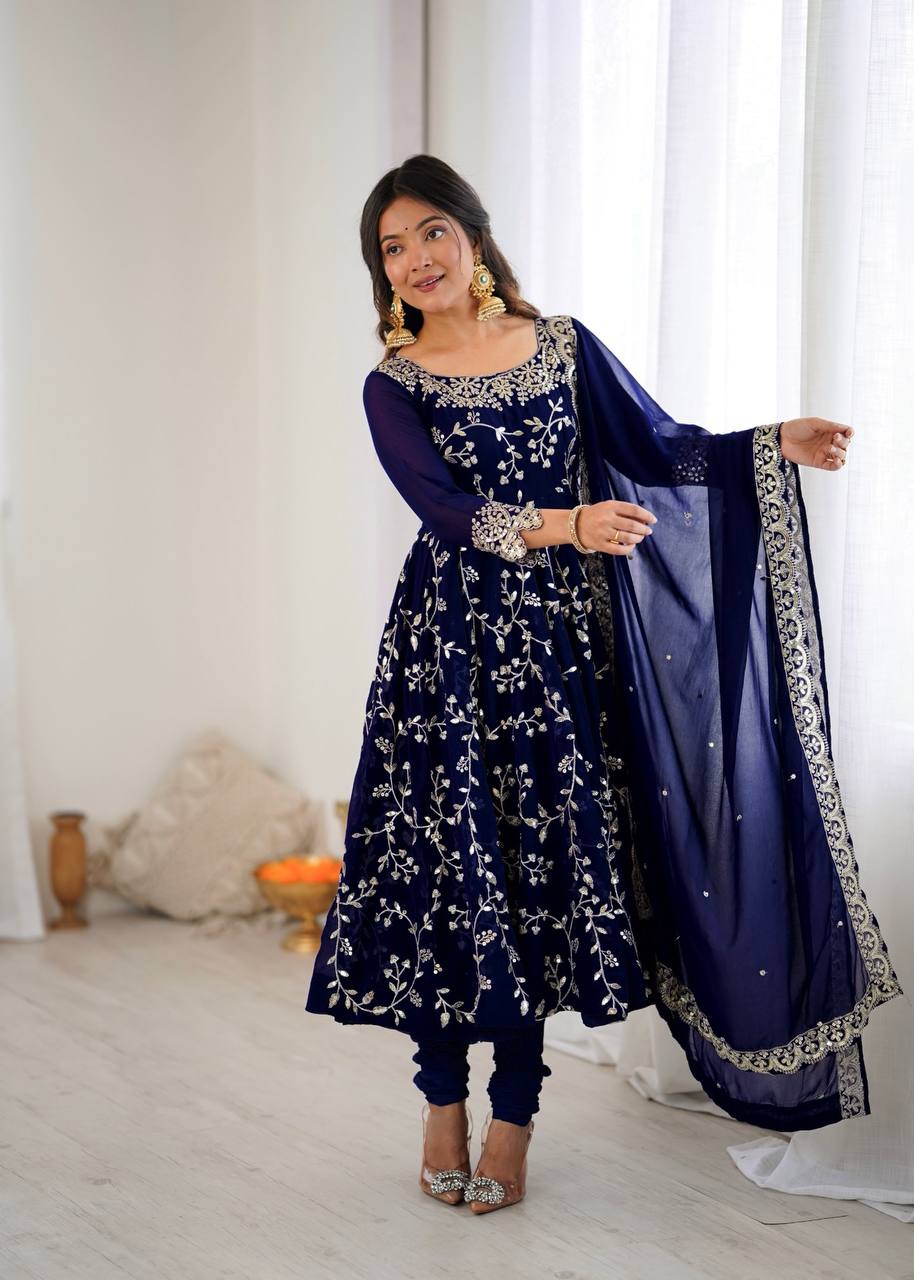 Navy Blue Festive Designer Embroidered Anarkali Suit Set with Dupatta