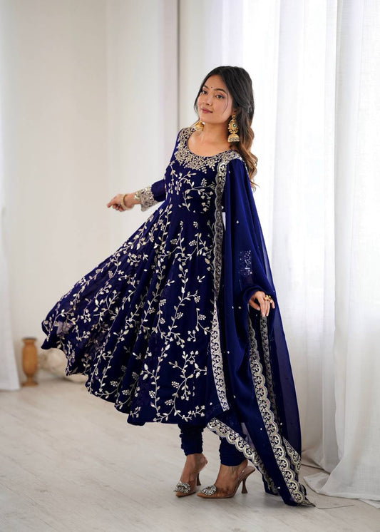Navy Blue Festive Designer Embroidered Anarkali Suit Set with Dupatta