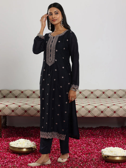 Navy Blue Embroidered Straight Kurta Suit Set With Dupatta