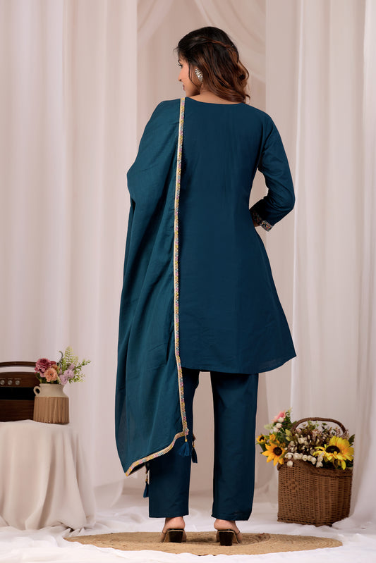 Navy Blue Mirror Work A-Line Cotton Kurta Set With Dupatta For Women